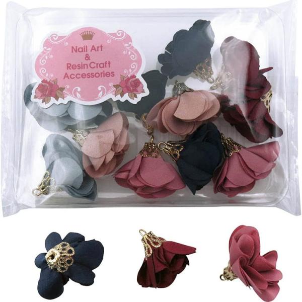 フラワータッセル パーツ グレー インディピンク モカピンク ワインレッド ブラック ネイビー 12個セット (6色×各2個)