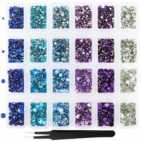 ラインストーン ケース入 ネイル レジン ストーン 大容量 セット ピンセット付 6色 ×4サイズ (ブルー パープル系)