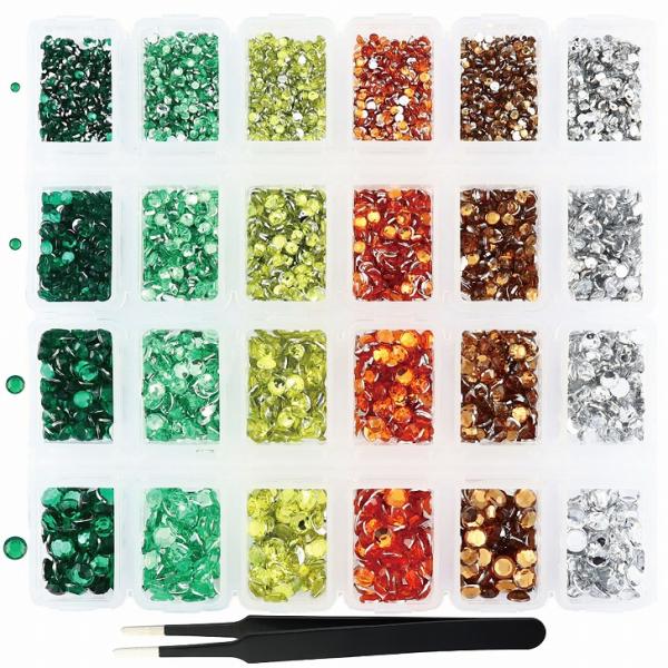 ラインストーン ケース入 ネイル レジン ストーン 大容量 セット ピンセット付 6色 ×4サイズ (グリーンイエロー系)