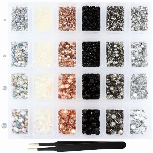 ラインストーン ケース入 ネイル レジン ストーン 大容量 セット ピンセット付 6色 ×4サイズ (ブラッククリア系)