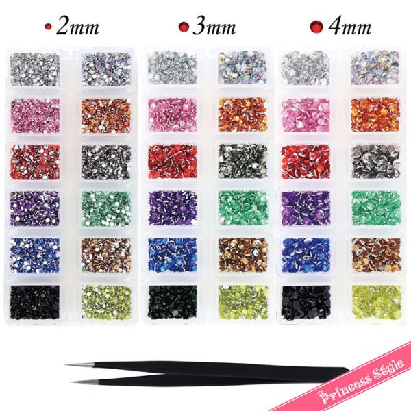 ラインストーン ネイル レジン デコ パーツ 12色 大容量 ケース入 (3サイズ 2mm 3mm 4mm ピンセット付)