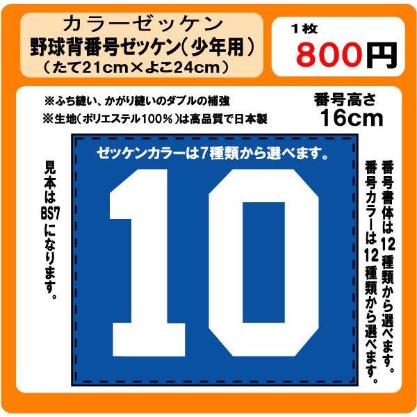 カラーゼッケン野球 背番号 ゼッケン （少年用） 昇華プリント