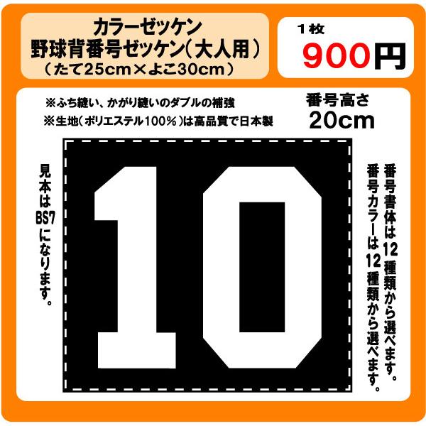 カラーゼッケン野球　背番号　ゼッケン　（大人用）　昇華プリント　W30ｃm×H25ｃm　ぜっけん