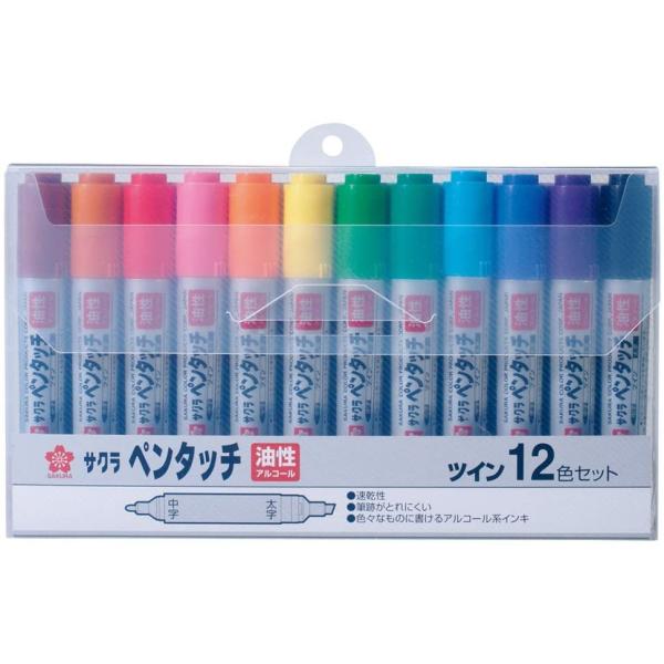 サクラクレパス] 油性ペン ペンタッチツイン 12色 中字 太字 PK-T12