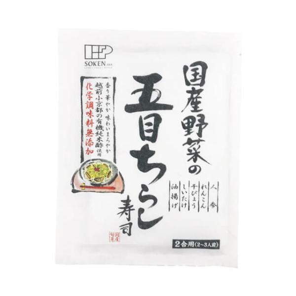 国内産野菜（人参、れんこん、無漂白干ぴょう、しいたけ）と国内産大豆の油揚げなどの具材を有機栽培された国内産米を地下天然水で仕込んだ「越前小京都の有機純米酢」で仕上げた五目ちらし寿司の素です。砂糖は北海道産てんさい糖、醤油は国内産丸大豆の醤油...