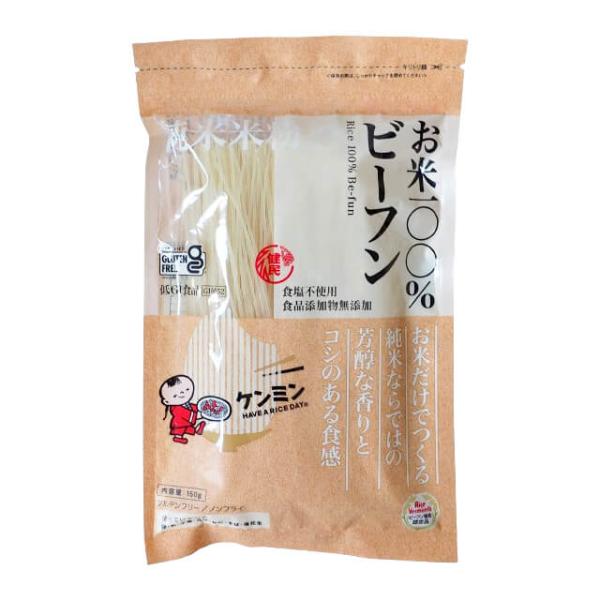 豊かな水と土で丹精込めてつくられた良質な硬質米を吟味し、お米だけでつくったお米100%ビーフンです。純米ならではの芳醇な香りとコシのある食感が特徴です。食塩不使用、食品添加物無添加グルテンフリー／ノンフライ