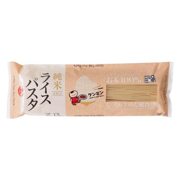 お米100%、グルテンフリーパスタ！お米100%ならではの上品な香りともっちり食感が特徴のお米の魅力が詰まったライスパスタです。小麦・食品添加物不使用・玄米入りです。ゆで時間:6分　めんの太さ:1.5mm