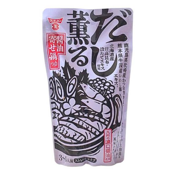 鹿児島県枕崎産かつお節粉末、熊本県牛深産いわし節エキス、北海道産日高昆布・ほたてエキス使用。かつおといわしの節薫る、だしとしょうゆのコクと旨みの優しい風味が特長です。醤油は九州の濃口醤油を使用。ストレートタイプ。3〜4人前