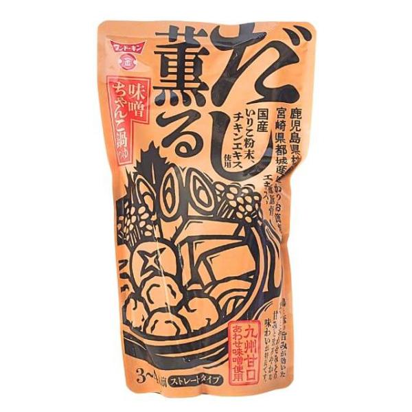 鹿児島県枕崎産かつお節粉末、宮崎県都城産黒豚豚骨エキス、国産いりこ粉末・チキンエキス使用。鶏と豚の旨みが効いた、だしとあわせみその甘みとまろやかな味わいが特長です。九州甘口あわせ味噌を使用。ストレートタイプ。3〜4人前