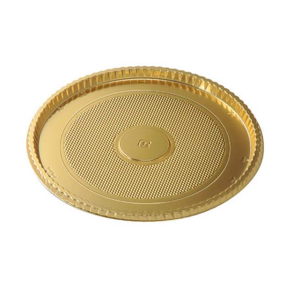 ケーキを引き立てる、高級感のあるゴールドのプラスチックトレーです。便利なケーキカット印が刻印されています。※直径15cm（5号サイズ）用。