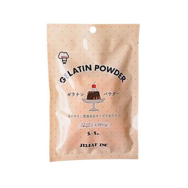 ふやかし不要で溶けやすい直接添加タイプアルカリ処理ゼラチンの為、紅茶やコーヒーに含まれる「タンニン」や「ポリフェノール」という成分に反応せず、透明度抜群のクリアなゼリーが作れます。コラーゲン（1袋5g当たり）4,380mg