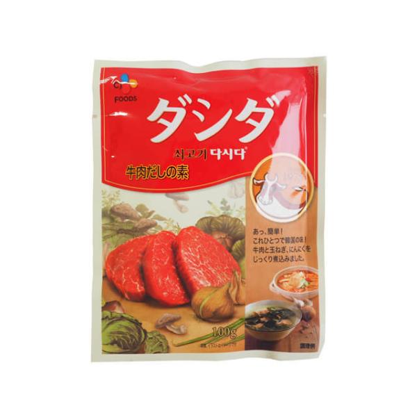 韓国ではスープやチゲなどの味付けをはじめ、あらゆる料理に使われるソコギ（＝牛肉）ダシダと呼ばれる調味料です。ご家庭で韓国料理やアジア系の創作料理をされる際におススメです。牛肉の他にニンニク、玉ねぎ、胡椒などが粉末状になった複合調味料です。