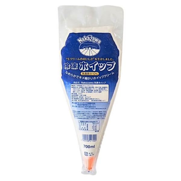 NAKAZAWA生クリーム（北海道産原乳）を使用した冷凍ホイップです。独自の製法により、ホイップしたてのようなみずみずしさを持たせました。脂肪分は約32％（乳脂肪分10％を含む）です。 口金付きなので解凍してそのまま絞ることができ、カフェや...