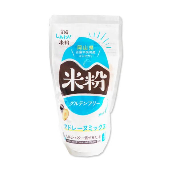 岡山県吉備中央町産コシヒカリ使用。たまご・バターを混ぜるだけでご自宅で簡単マドレーヌをお作りいただけます。◎小麦アレルギー対応商品◎グルテンフリー＜米粉deマドレーヌの作り方＞材料(シェル型約12個、アルミカップ約15個)・ミックス粉：1袋...