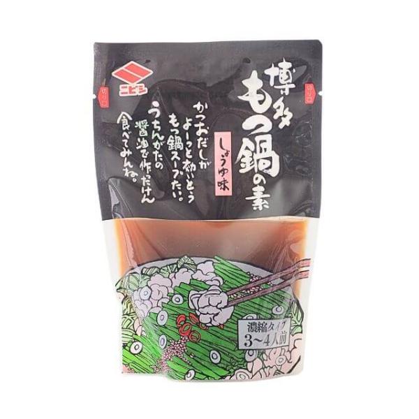 旨味たっぷりの九州しょうゆに、枕崎産かつお節のだしを効かせたコクのあるしょうゆ味のもつ鍋用濃縮スープです。3〜4人前