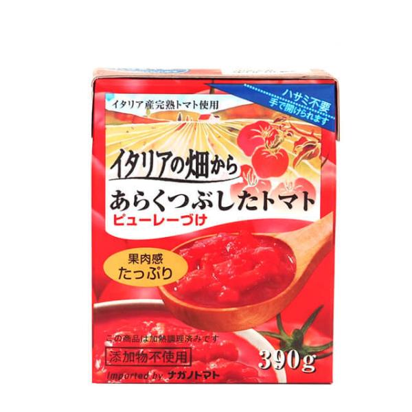 添加物不使用。完熟トマトの果肉感がたっぷり！イタリアで収穫した完熟トマトを使いやすい大きさにカットしてつぶしました。ピューレーづけの濃縮タイプなので短い煮込み時間で本格的なトマト料理がお楽しみいただけます。この商品は、加熱調理済みです。ハサ...