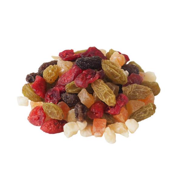 カリフォルニアレーズン、グリーンレーズン、ドライクランベリー、ドライパパイヤダイス、ドライパインダイスを混合したミックスフルーツです。色合いがよく、パン、お菓子作りに幅広くご使用いただけます。