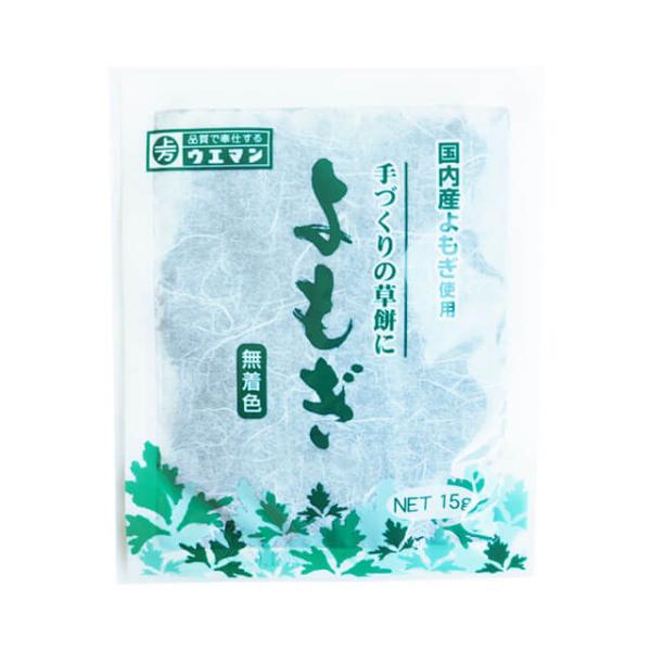 国内産よもぎを使用した粉末タイプのよもぎ粉です。本品よもぎ1袋（15ｇ）ともち米5合分（700ｇ）で、よもぎがたっぷり入ったよもぎ餅が出来上がります。
