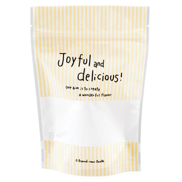 開閉に便利なジップ付きのスタンドバッグです。お手軽にお使いいただけるよう、素材や厚みに工夫を凝らし低価格を実現しました。窓からのぞくお菓子をきれいに魅せるこだわりのデザインです。[マチ形状]底マチ。食品対応。片面デザイン。乾燥剤対応。ジップ...