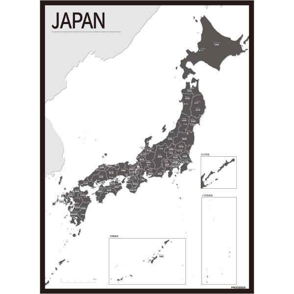 PROCEEDX美しい日本地図 書き込み自由　 ブラック1学習ポスターミニマルマップ フレーム付きA2サイズ日本製 影付き1315