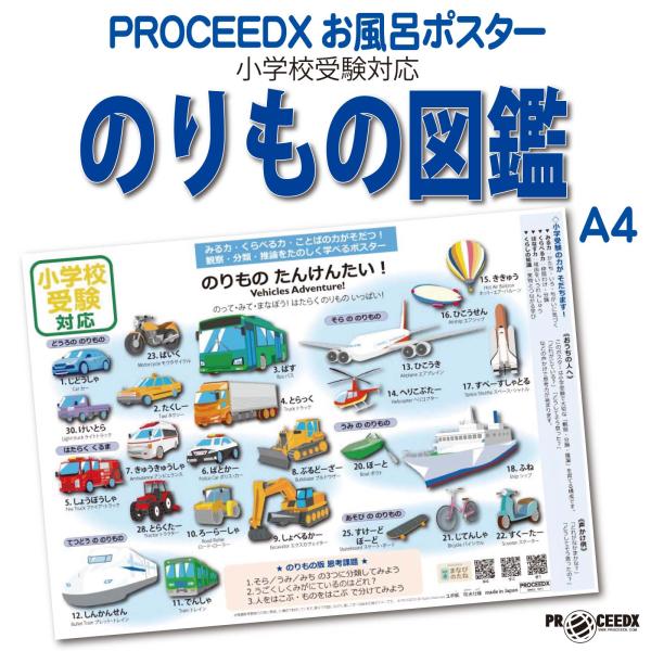 小学校受験対応 のりもの図鑑 お風呂ポスターA4サイズ｜幼児知育・ひらがな・防水 pro-1601