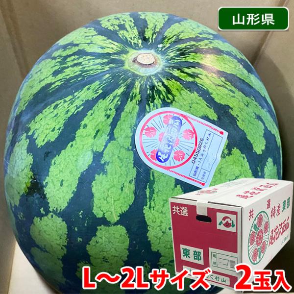 山形県産 尾花沢すいか BまたはC等級 L〜2Lサイズ 2玉入 （箱） ギフト