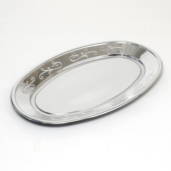 JANコード：4945965039480　シモジマコード：004462413材質：HIPSサイズ：外寸:450φ×290mm金属のお皿をイメージした小判型の皿です。オードブルを豪華に演出します。裏面は黒色で、製品の特性であるアルミ蒸着をより...