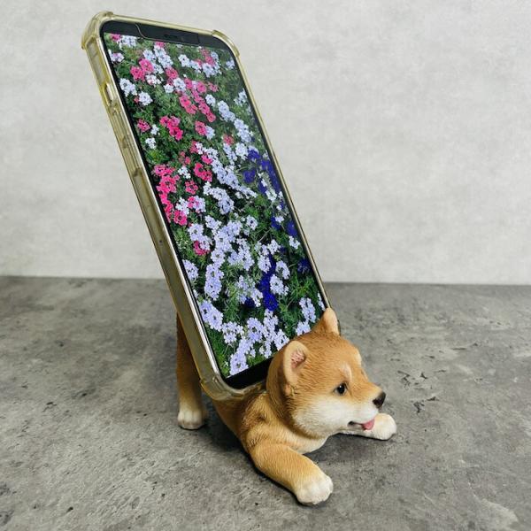 スマホスタンド 寝そべる柴犬 犬 イヌ 卓上 アニマル プレゼント 置物 可愛い おしゃれ 動物 ホルダー 写真立て 玄関