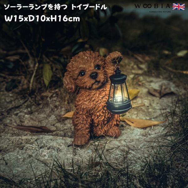 置物 犬 かわいい 動物 玄関 ソーラーランプを左手で持ち上げるトイプードル ブラウン おしゃれ ガーデン woobia ウービア