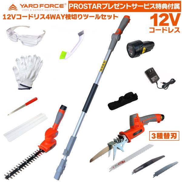 12Vコードレス 4WAY枝切りツールセット 高枝 バリカン３・電動ノコギリ LSA30BN-JP PROSTARサービス特典付 ヤードフォース YARDFORCE
