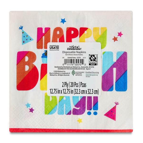 お取り寄せ 【ウォルマートブランド】ウェイトゥセレブレート ペーパーナプキン 約16.5cm 誕生日柄 20枚 6.5inch x 6.5inch Dispos
