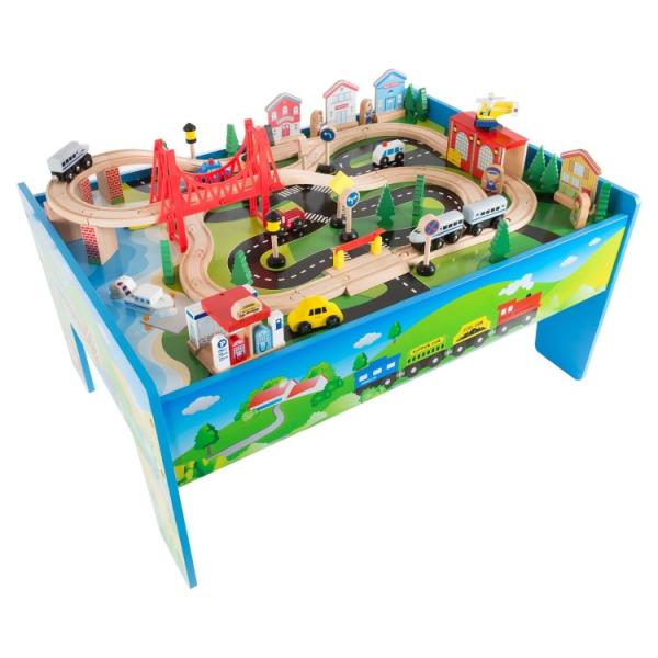 お取り寄せ ヘイプレイ 木製列車セット イラスト入りプレイテーブル付き 75点 Hey Play Wooden Train Set with Illu