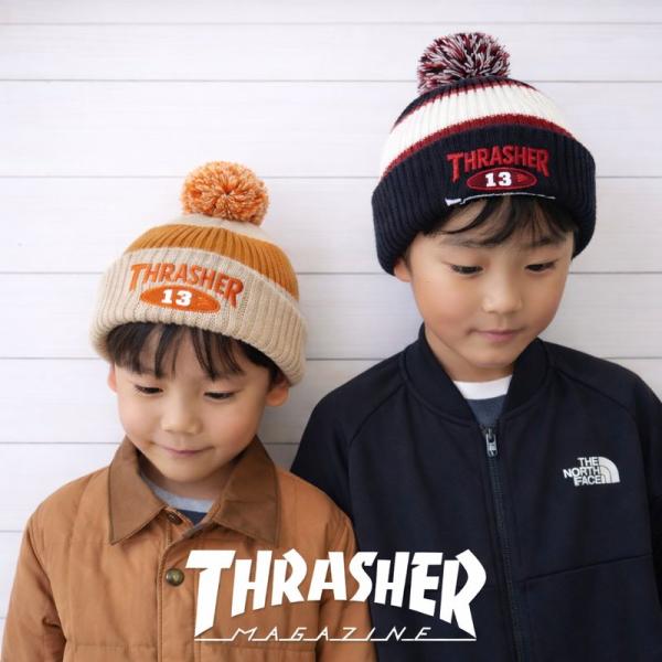 爆買 / THRASHER スラッシャー キッズ  NEW OVAL 梵天付き ニットキャップ 24TH-N52K 子供 まふらー 帽子 ニット帽 男の子 女の子 秋 冬 秋冬