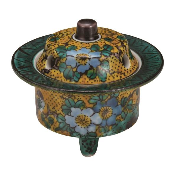 九谷焼吉田屋風椿、牡丹扇型香炉