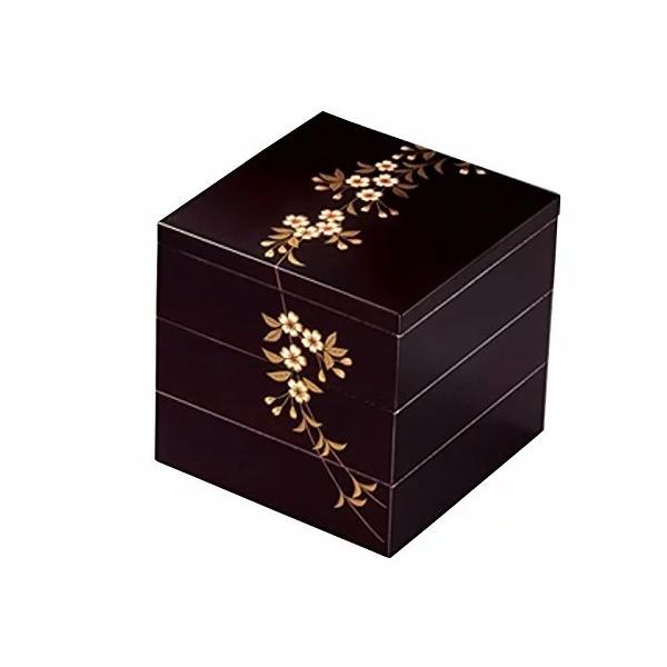 山中漆器 重箱 桜模様のシックな三段重 円山 6.0三段重 溜内黒 山中漆器 重箱 桜模様のシックな三段重 円山 6.0三段重 溜内黒