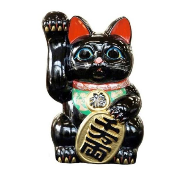 常滑焼 招き猫：貯金箱 黒小判付招猫（手長タイプ）13号＜左手を上げる
