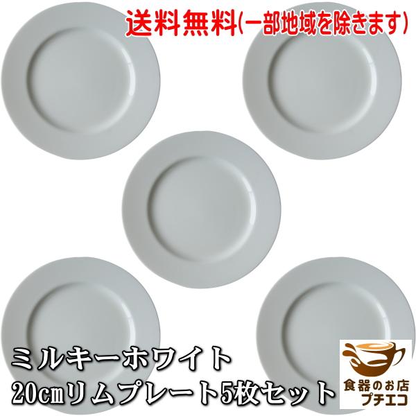 送料無料 ミルキーホワイト 20cm リム プレート ケーキ皿 ５枚 セット レンジ可 食洗機対応 美濃焼 日本製