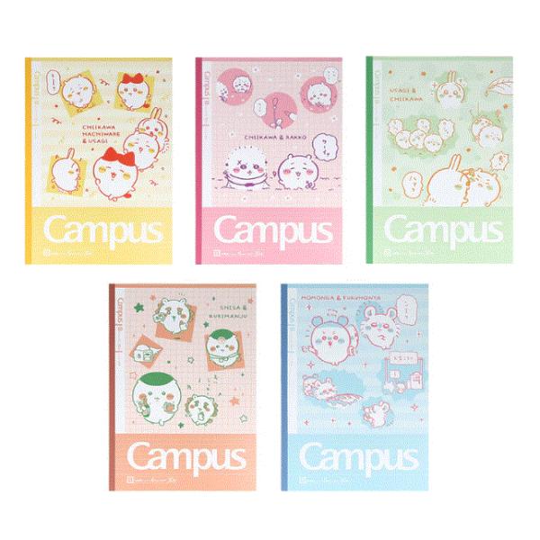 6mm間隔で横に引かれた罫線の5冊パックのキャンパスノートです。漫画から抜粋したストーリー仕立てのデザイン！本文にはちいかわとハチワレのワンポイントデザインが入っています。サイズ（約）：H252×W179×D3.5mm内容：中紙30枚／ノー...