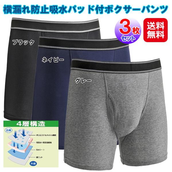 【ＮＥＷ横漏れ防止吸水パッド付ボクサーパンツ(3枚組)送料無料 失禁パンツ 尿漏れ パンツ ボクサーパンツ 軽失禁パンツ ちょい漏れ 軽度 介護 消臭