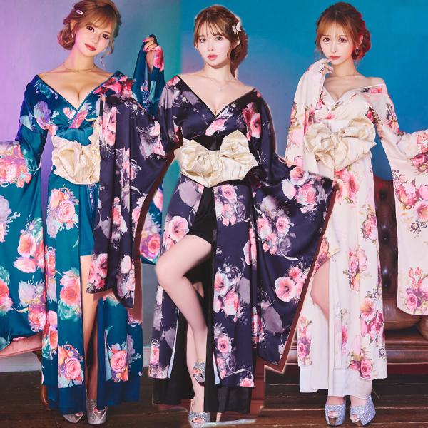 送料無料 豪華 帯 よさこい 着物ロング ミニドレス 花魁 花柄 豪華帯付き サテン 衣装 和装 ダンス コスプレ コスチューム セクシー 花魁 コスプレ キャバドレス