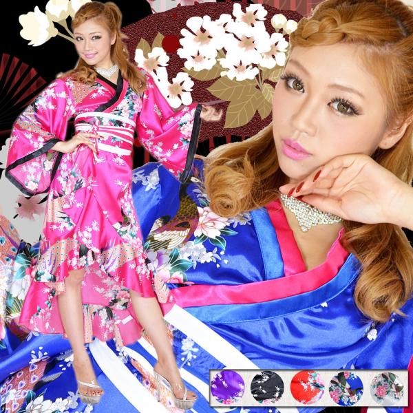 孔雀和柄花魁着物ロングドレス/大人気花魁着物シリーズのロングドレス/帯はフックになっているのでリボンを好きな位置に/セクシー浴衣・セクシー着物ドレス・パ