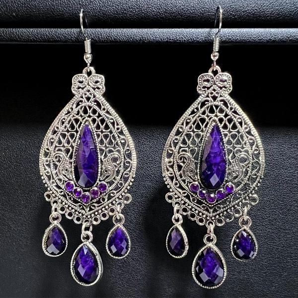 [90mm〜] Arabesque Violet Decor エスニックピアス（銀色×ディープパープル）ボヘミアン ジプシー インド 舞台 衣装 パーティ 映画 BO-023