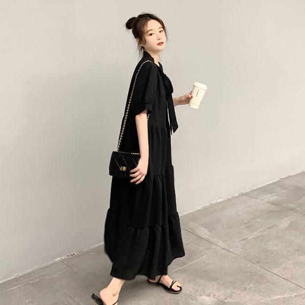 大きいサイズ  レディース 胸元リボン ブラック ロング ワンピース S〜5XLくらい  M L LL 2L 3L 4L 5L 6L