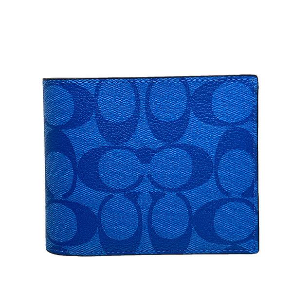 COACH コーチメンズ折り財布シグネチャー ブルー青色