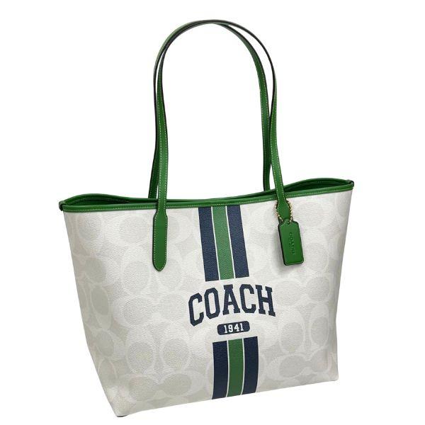 【美品 】COACH トートバッグ アイボリー×グリーン×ネイビー Coach Avenue Metallic Green Leather Carryall Satchel Tote Shoulder