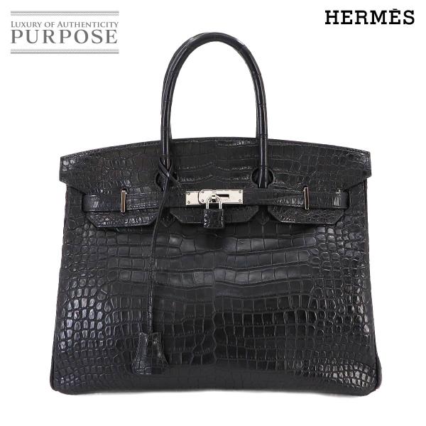 エルメス HERMES バーキン35 ハンド バッグ クロコダイル ポロサス ブラック □H刻印 シ...