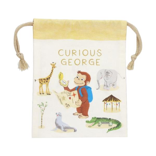 おさるのジョージの可愛い巾着です。給食袋として大活躍なサイズ！コップ・歯ブラシ・カトラリーセットなどいろいろな小物入れに使える♪使用しない時は折りたたんで簡単に小さく収納できる◎【仕様】本体サイズ：約W180×H220mm材質：綿日本製絵本...
