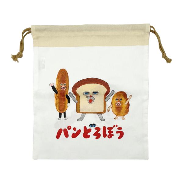 パンどろぼうの可愛い巾着です。衣類やシューズをたっぷり収納できる大きめサイズ♪体操服はもちろん、大きめの学習道具などを入れるのに便利◎【仕様】本体サイズ：約W310×H350mm材質：綿日本製体操服袋　体操着入れ　上履き　靴　シューズ　給食...