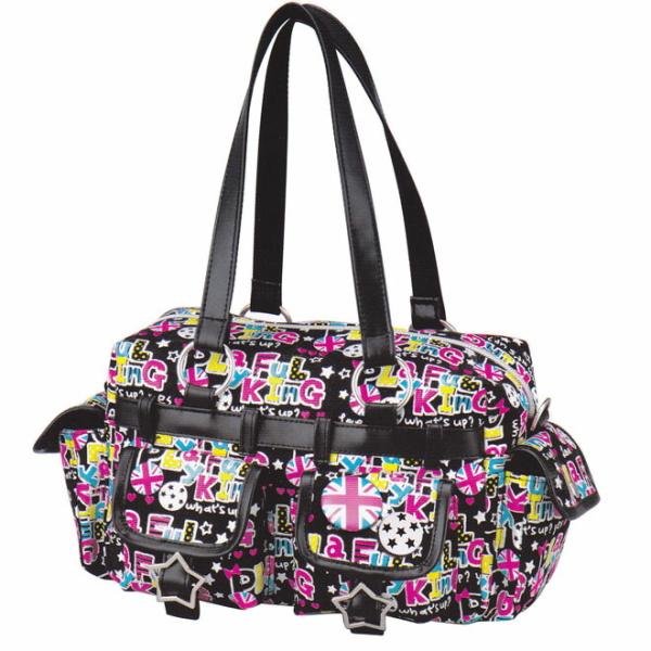 カラフルでかわいいロゴとキャラがプリントされたポップで楽しい2WAYの登場♪ラメプリントでキラキラきれいだよ！今大人気の缶バッチも付いていて可愛い！手さげ用の持ち手に加えて、付属の取り外し可能のショルダーベルトをつけで肩掛けバッグとしても使...