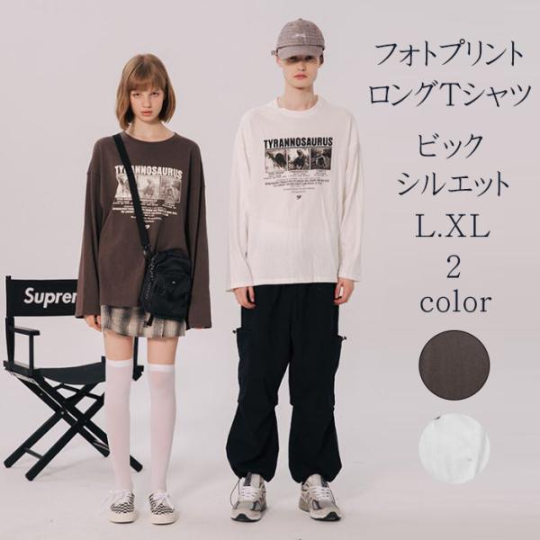 ロングtシャツ メンズ レディース おしゃれな 恐竜 フォトプリント ワンサイズ大きめ 長袖 Tシャツ 男女兼用